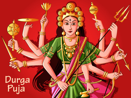 Indian Goddess Durga sculpture for Durga Puja holiday festival of India in Dussehra Vijayadashami Navratriのイラスト素材