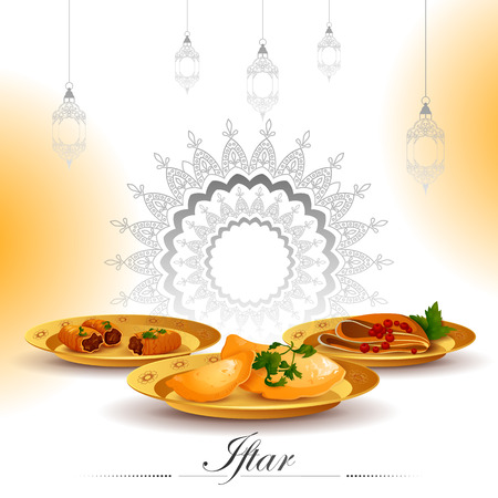 vector illustration of Ramadan Kareem Greetings for Ramadan background with Iftar Food and Drinkのイラスト素材