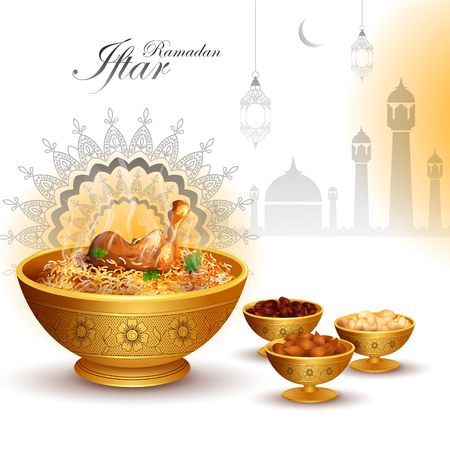 vector illustration of Ramadan Kareem Greetings for Ramadan background with Iftar Food and Drinkのイラスト素材