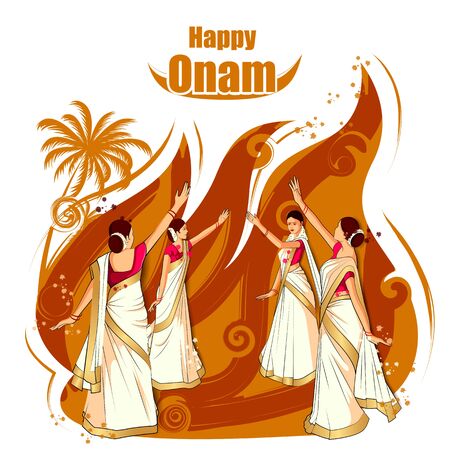 vector illustration of woman performing Thirvathirakali dance for Happy Onam festival of South India Kerala backgroundのイラスト素材