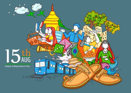 Indian collage illustration showing culture, tradition and festival on Happy Independence Day of Indiaのイラスト素材
