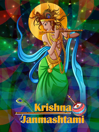 Lord Krishna on Happy Janmashtami holiday festival backgroundのイラスト素材
