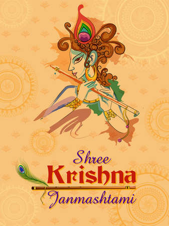 Lord Krishna on Happy Janmashtami holiday festival backgroundのイラスト素材