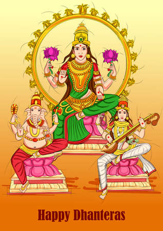 Goddess Lakshmi for Happy Diwali prayer festival of India in Indian art styleのイラスト素材