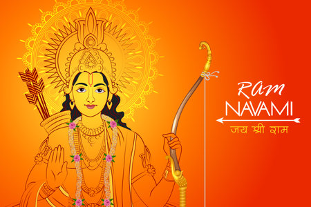Lord Rama for India festival Happy Ram Navami background with Hindi greetings Jai Shree Ram meaning Victory to Lord Ramのイラスト素材