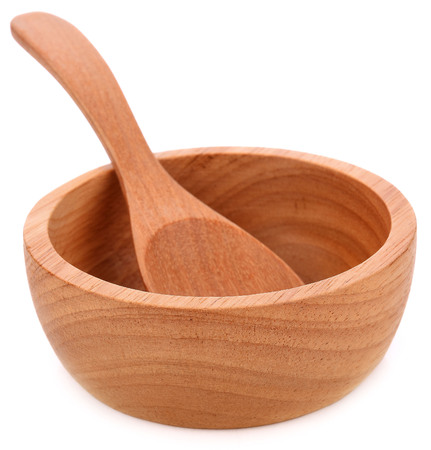 wood bowl and wood spoon on white backgroundの写真素材