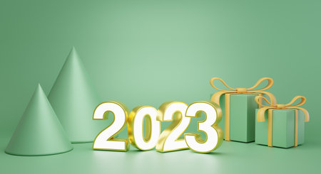 3d rendering 2023 number with green gift box, green cone on green background. concept happy new year...