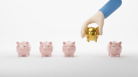 3d rendering. Businessman holding gold piggy bank bank. investment concept.の写真素材