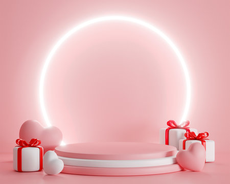 3d rendering. Pink heart gift box and podium stand to show product display on pink color background and ring light. Abstract minimal geometric shapes backdrop for valentine day designの写真素材