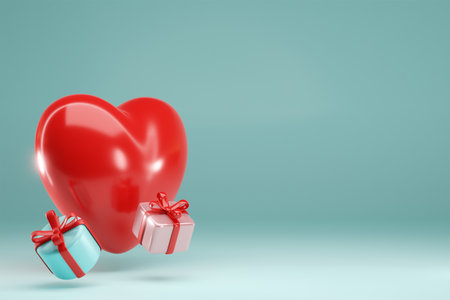 3d rendering. Red heart balloon and gift box on blue color background. Design for valentine day designの写真素材