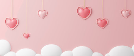 3d rendering.Valentines Day banner with heart shaped balloons hanging on cloud. Holiday illustration...