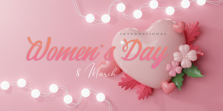 3d Rendering. Women's day design. Womens day greeting text with flowers background for woman international celebration.の写真素材