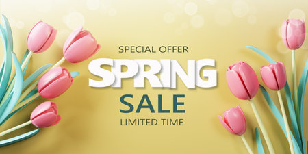 3d Rendering. Spring sale banner with beautiful colorful flower. Can be used for template, banners, wallpaper, flyers, invitation, posters, brochure, voucher discount.の写真素材
