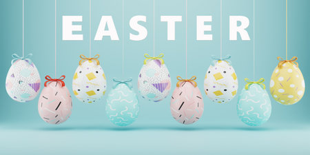 Easter sale banner design. Easter sale text up to 50% off promotion with 3d realistic eggs for seasonal shop discount advertisement. 3d rendering.の写真素材