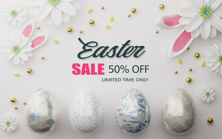 Easter sale banner design. Easter sale text up to 50% off promotion with 3d realistic bunny and eggs for seasonal shop discount advertisement. 3d rendering.の写真素材