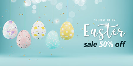 Easter sale banner design. Easter sale text up to 50% off promotion with 3d realistic eggs for seasonal shop discount advertisement. 3d rendering.の写真素材
