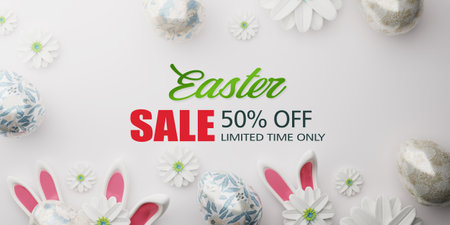 Easter sale banner design. Easter sale text up to 50% off promotion with 3d realistic bunny and eggs for seasonal shop discount advertisement. 3d rendering.の写真素材
