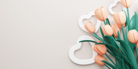3d Rendering. Design for Mother's Day and Valentine Day illustration. orange tulip flower and heart shape on gray background. With Copy space.の写真素材