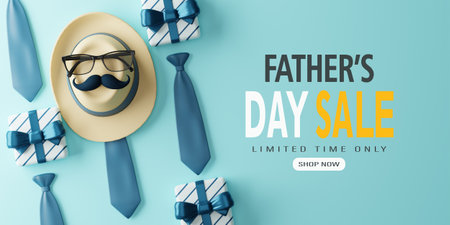 3d Rendering. Father's Day Sale Banner illustration on blue background.の写真素材