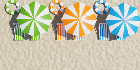 3d rendering. Beautiful beach. Chairs on the sandy beach near the sea. Summer holiday and vacation concept for tourism. Inspirational tropical landscape. Tranquil scenery, relaxing beach, tropical landscape designの写真素材