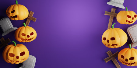 3d Rendering. Design for Halloween banner with pumpkin,crucifix, skull, grave on a purple background. With copy space.の写真素材
