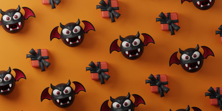 Halloween background of bat and gift box on orange background. Top view. 3d render illustration.