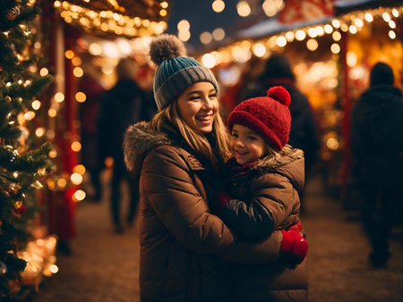 Mother and child having wonderful time on traditional Christmas market on winter evening. Parent and kid enjoying themselves in Christmas town decorated with lights.の素材