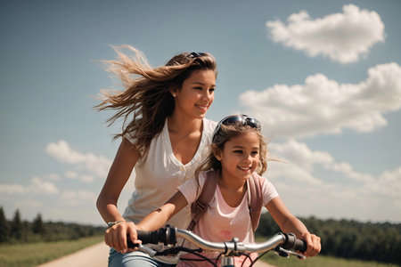 mother teaching daughter how to ride a bikeの素材