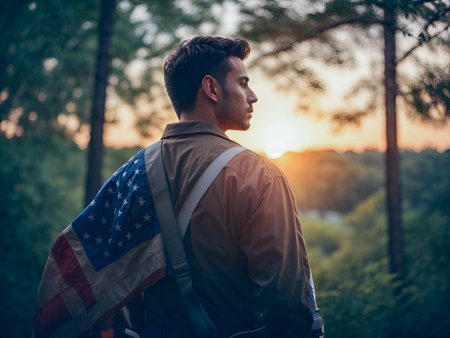 Attractive man in work clothes, holding tools and a US flag in his hands and looking into the distance against the background of trees, blue sky and sunset. View from the back. Labour Day Conceptの素材