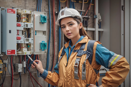 Female strong commercial electrician at work on a fuse box, adorned in safety gear, glove, demonstrating professionalismの素材
