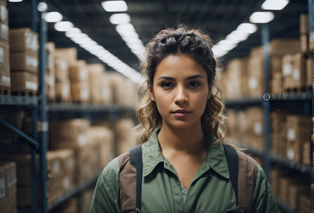 Warehouse women worker checking the inventory. look at camera, smiling, Products on inventory shelves storage. Worker Doing Inventory in Warehouse.の素材