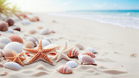 Sea sand beach mockup background with seashells, starfish. Suncare template for spf protection cream. Tropical summer vacation beach background. Travel holiday background.の素材