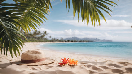 Tropical sea beach mockup template and palm leaf on seaside background for protection. Summer Hawaii island beach sand and ocean waves of exotic paradiseの素材