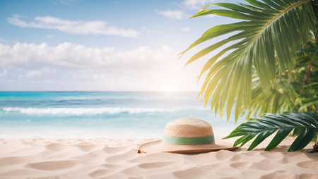 Tropical sea beach mockup template and palm leaf on seaside background for protection. Summer Hawaii island beach sand and ocean waves of exotic paradiseの素材