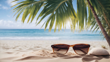 Tropical sea beach mockup template and palm leaf on seaside background for protection. Summer Hawaii island beach sand and ocean waves of exotic paradiseの素材