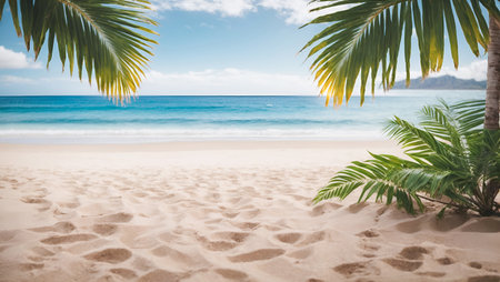 Tropical sea beach mockup template and palm leaf on seaside background for protection. Summer Hawaii island beach sand and ocean waves of exotic paradiseの素材