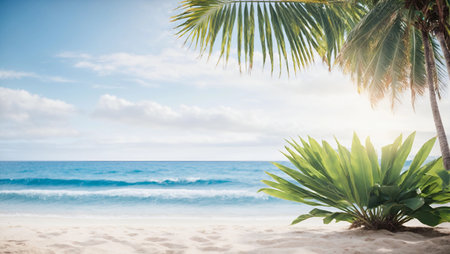 Tropical sea beach mockup template and palm leaf on seaside background for protection. Summer Hawaii island beach sand and ocean waves of exotic paradiseの素材