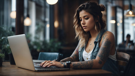 Young woman working on laptop in cafe. smiling and look at camera. Girl with tattoo, designer freelancer or student work on computer laptop at tableの素材