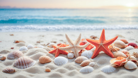 Sea sand beach mockup background with seashells, starfish. Suncare template for spf protection cream. Tropical summer vacation beach background. Travel holiday background.の素材