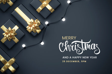 Christmas banner. Background Xmas design of sparkling lights garland, with realistic gifts box. Horizontal christmas poster, greeting cards, websiteの写真素材