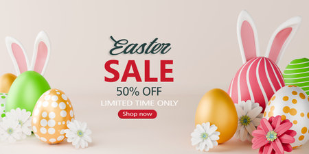 Easter sale banner design. Easter sale text up to 50% off promotion with 3d realistic bunny and eggs for seasonal shop discount advertisement. 3d rendering.の写真素材