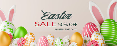 Easter sale banner design. Easter sale text up to 50% off promotion with 3d realistic bunny and eggs for seasonal shop discount advertisement. 3d rendering.の写真素材