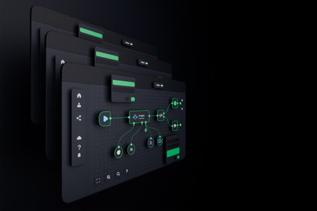 AI workflow automation artificial intelligence software interface nodes triggers data tool dashboard coding icon flow process technology 3d rendering.の写真素材