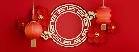 Festive Chinese Lunar New Year Banner Featuring Hanging Traditional Red Paper Lanterns and Golden Geometric Border Frame Over Vibrant Red Backgroundの写真素材