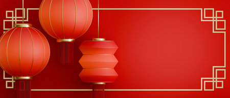 Traditional Chinese Lunar New Year Background with Hanging Red Lanterns and Gold Decorative Border Frameの写真素材