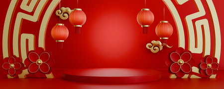 Chinese Lunar New Year Podium Display Background with Red Stage Golden Arch Frame Hanging Lanterns Flowers and Clouds for Product Presentationの写真素材
