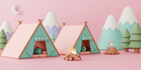 Enjoy a group adventure with this 3D illustration of two cozy camping tents, a glowing campfire, a...