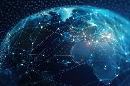 Communication technology internet business. Global world network and telecommunication on earth cryptocurrency and blockchain. generative aiの素材