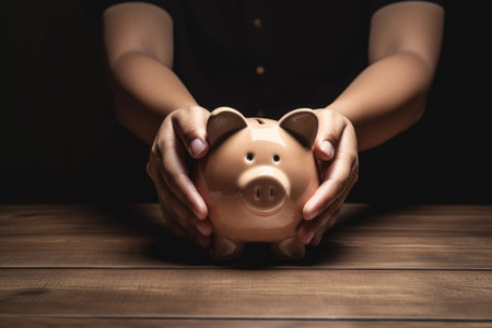 Panoramic image, Man hand holding piggy bank on wood table. Save money and financial investment. Generative AIの素材