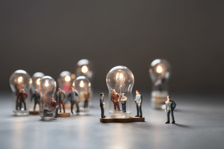 business illustration. small people characters develop creative business idea. Isometric big light bulb as metaphor idea. Graphics design Generative AIの素材